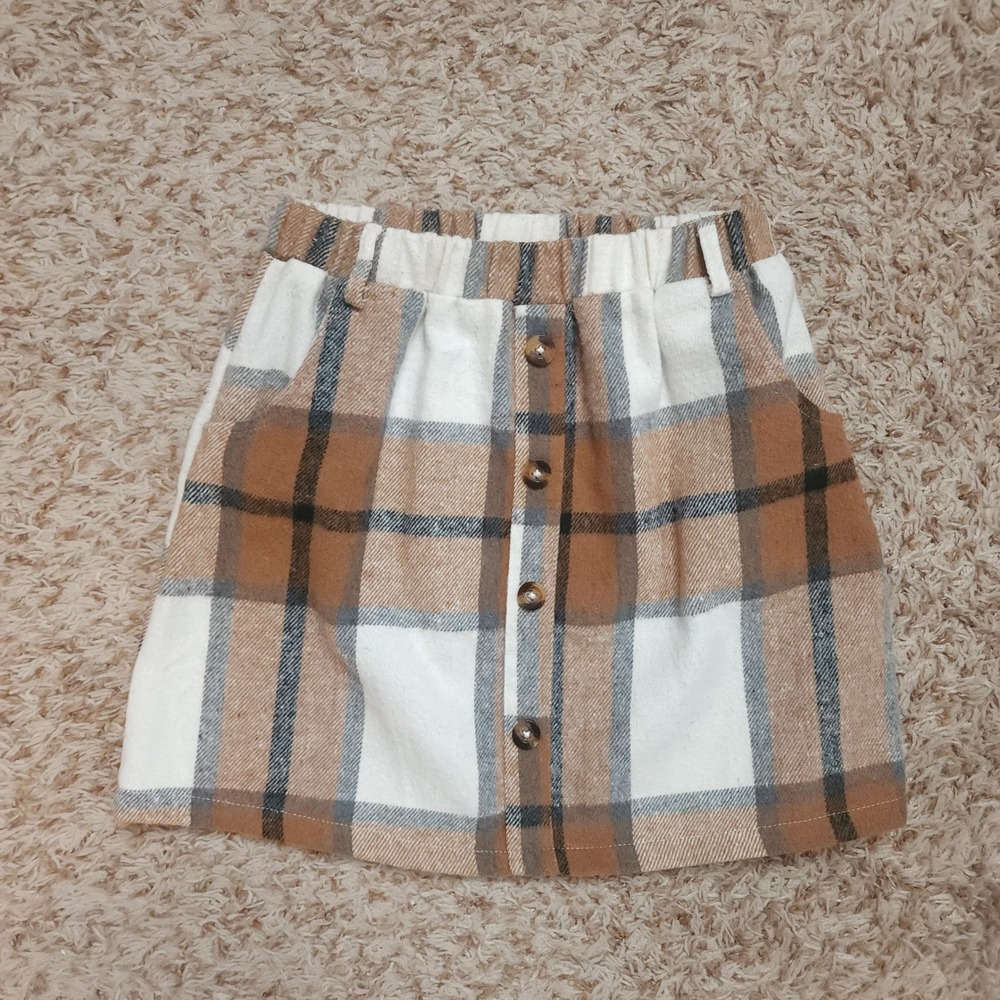SHEIN Plaid Skirt Kids 150 Brown White‎ Button Front Elastic Waist Preppy Mini